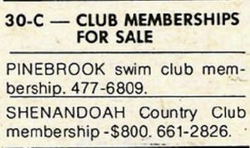 Pinebrook Swim Club - 1977 Ad For Membership For Sale